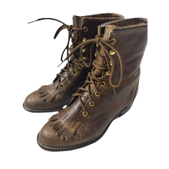 Laredo Shoes - Vintage Laredo Kiltie Boots Women 8 Brown Leather Lace Up Western Cowgirl Patina